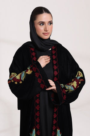 3 Piece - Black Velvet Abaya