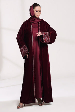 3 Piece - Maroon Velvet Abaya