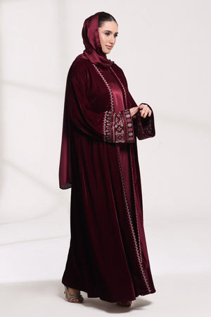 3 Piece - Maroon Velvet Abaya
