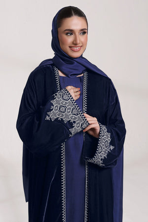 3 Piece - Navy Blue Velvet Abaya