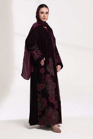 3 Piece - Plum Velvet Abaya
