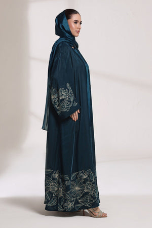 3 Piece - Teal Blue Velvet Abaya