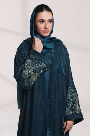 3 Piece - Teal Blue Velvet Abaya