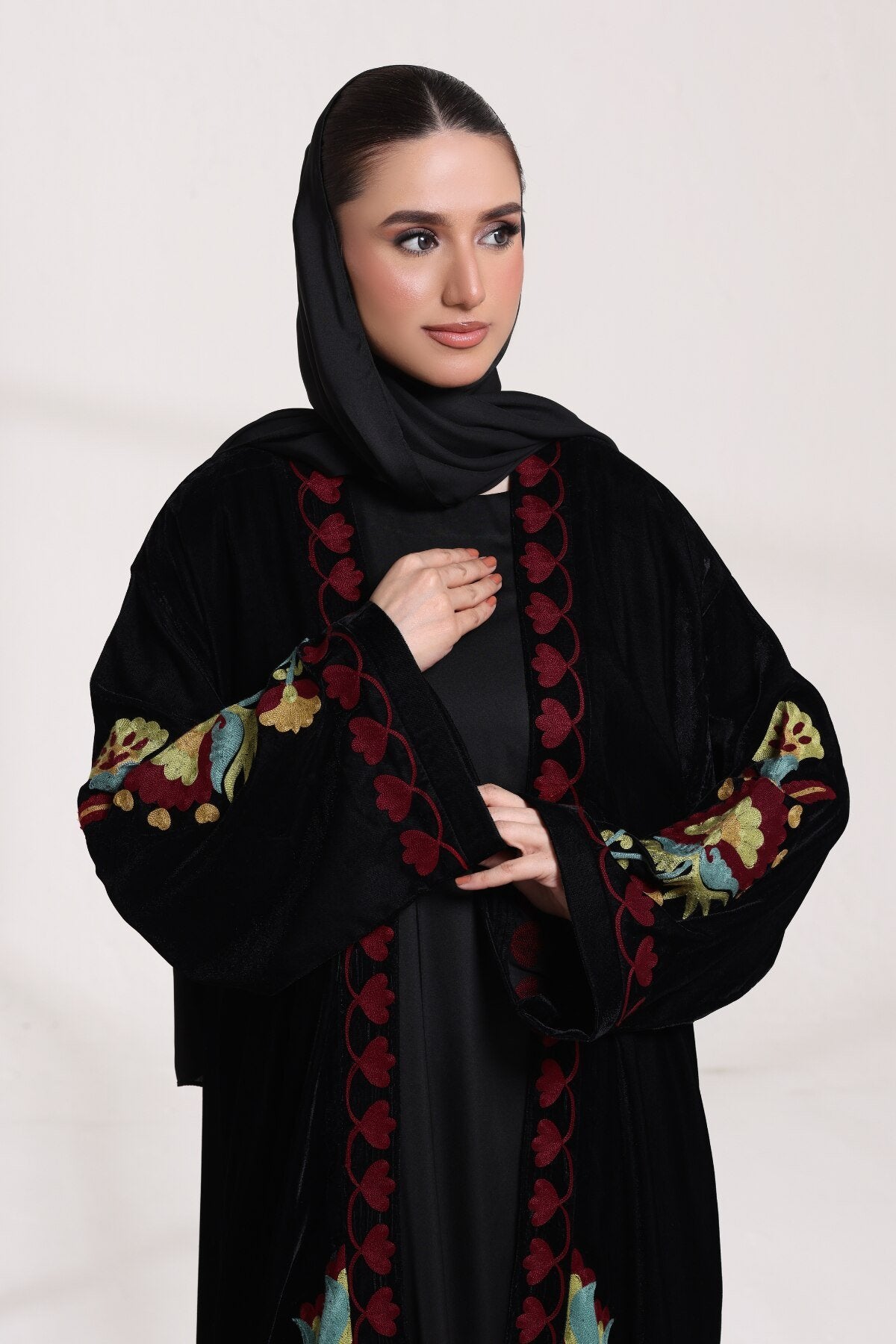 3 Piece - Black Velvet Abaya