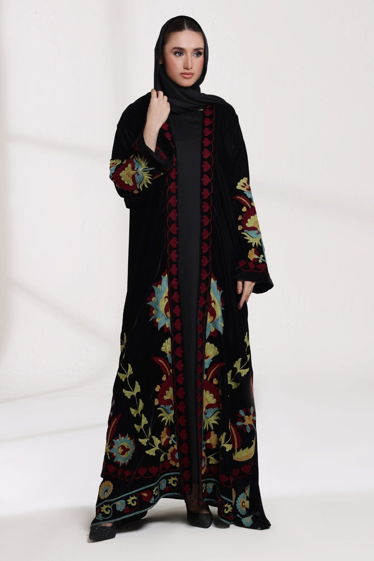 3 Piece - Black Velvet Abaya
