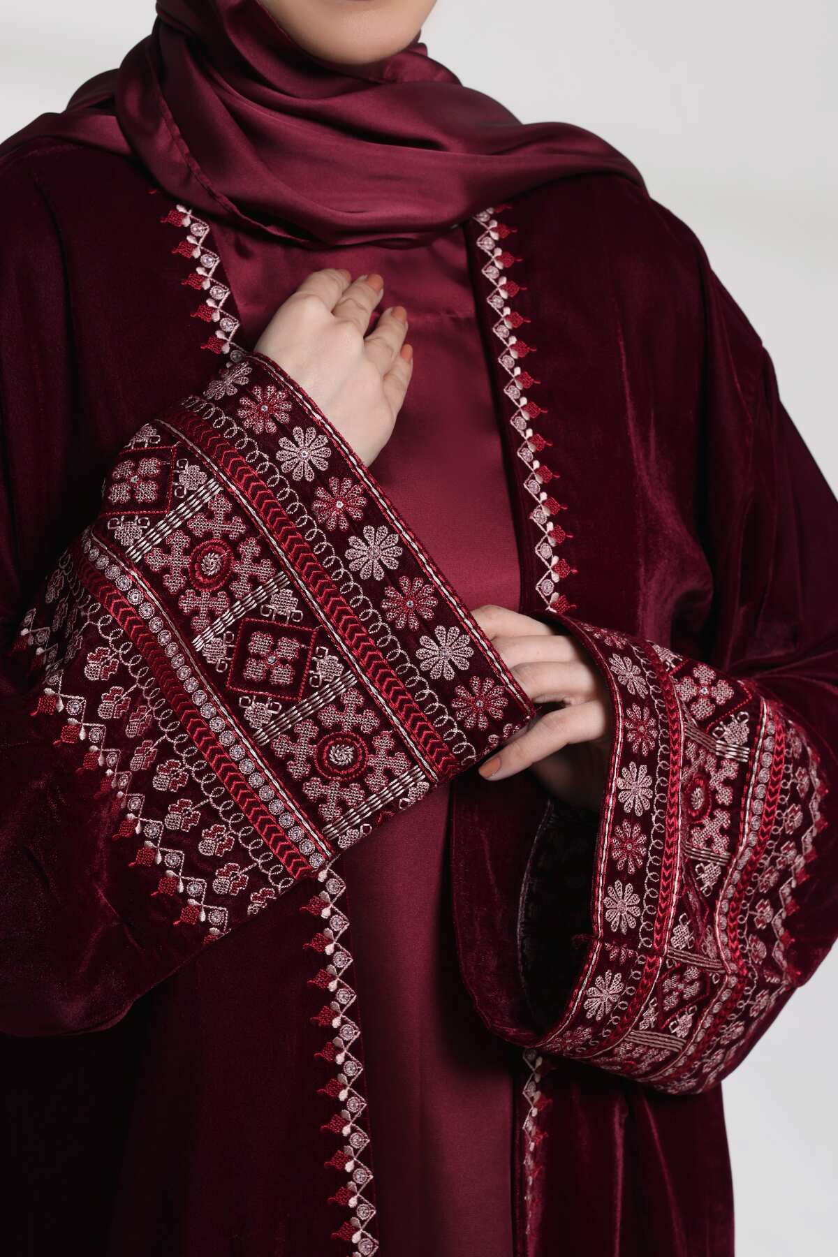 3 Piece - Maroon Velvet Abaya