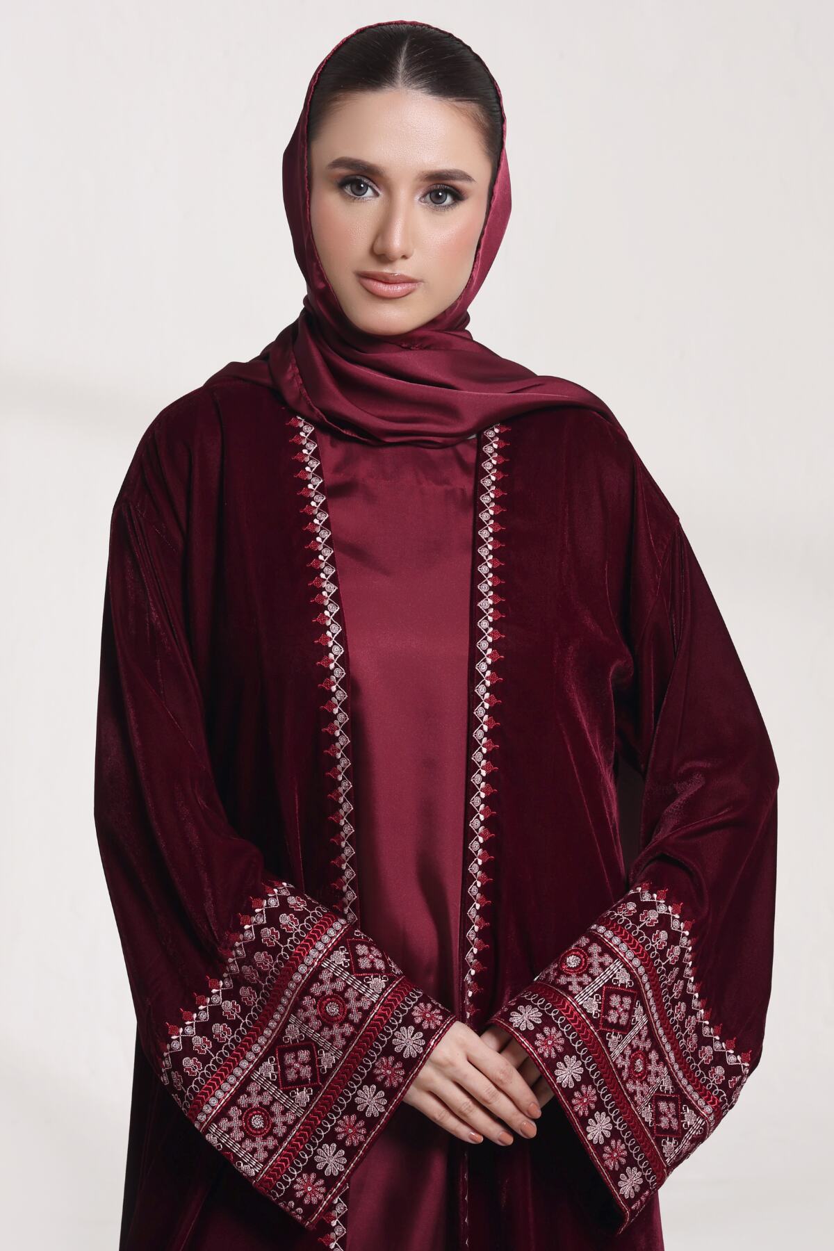 3 Piece - Maroon Velvet Abaya