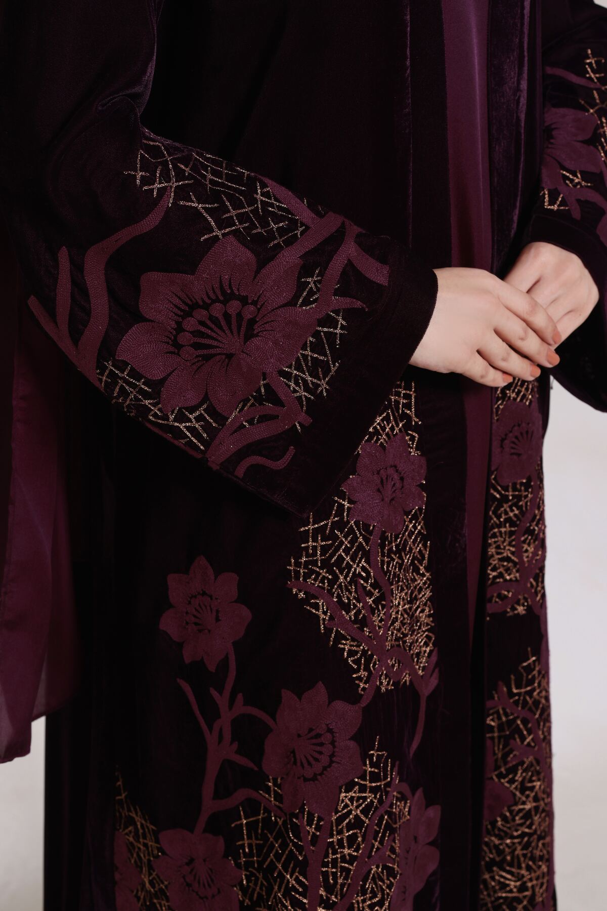 3 Piece - Plum Velvet Abaya