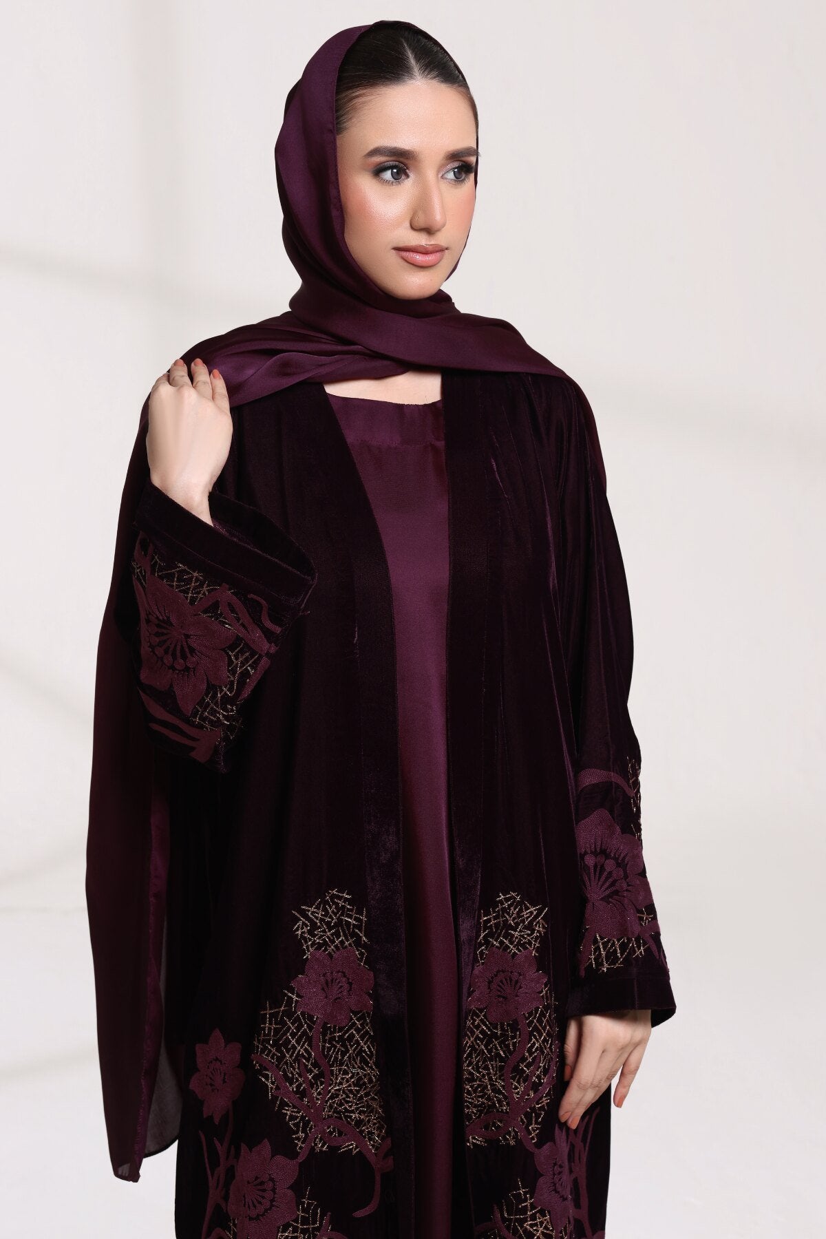 3 Piece - Plum Velvet Abaya