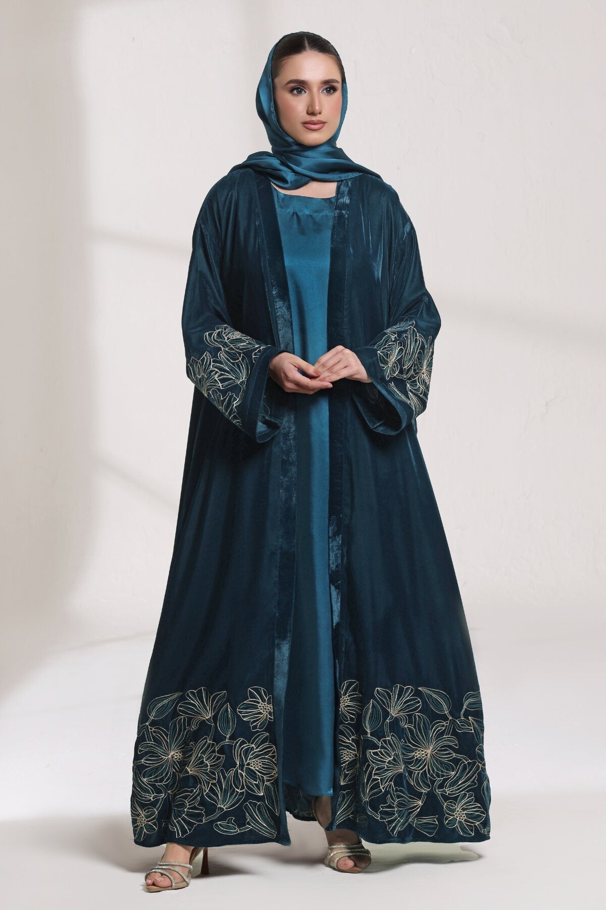 3 Piece - Teal Blue Velvet Abaya