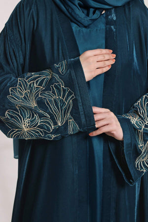 3 Piece - Teal Blue Velvet Abaya