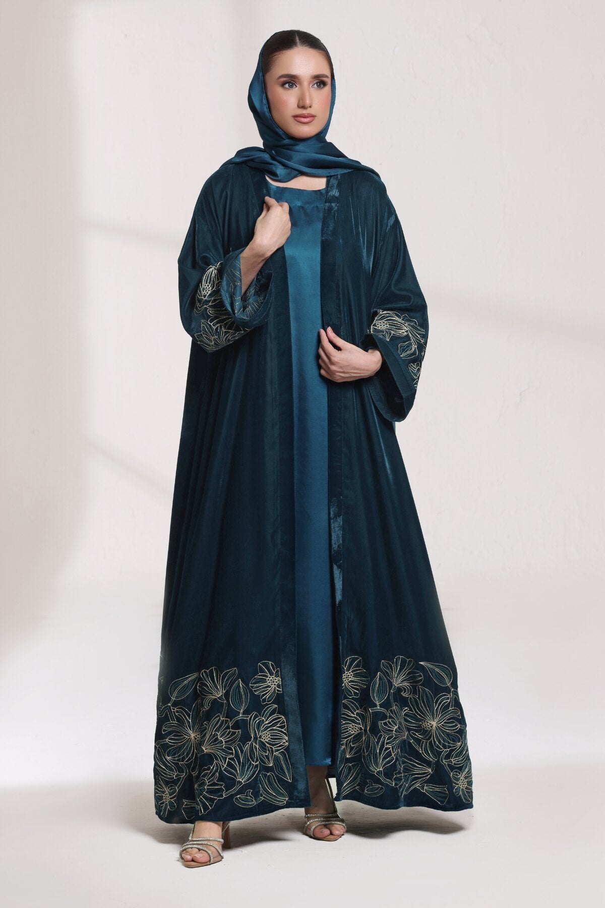 3 Piece - Teal Blue Velvet Abaya