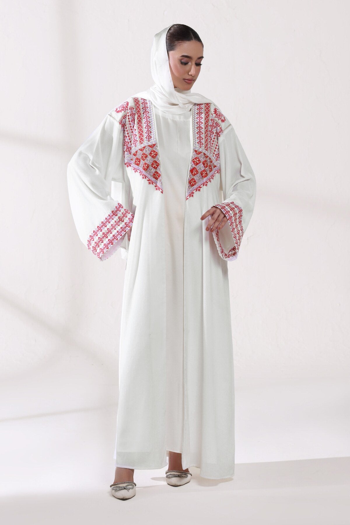 3 Piece - White Velvet Abaya