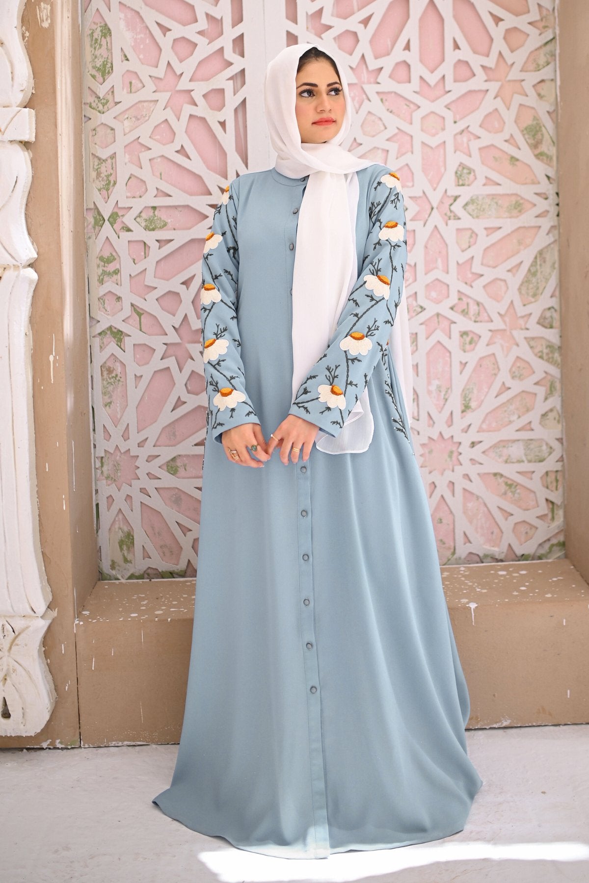 Tropical Blue Embroidered Abaya