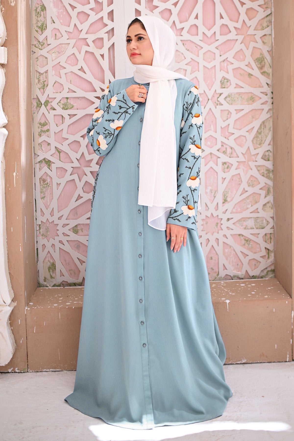 Tropical Blue Embroidered Abaya