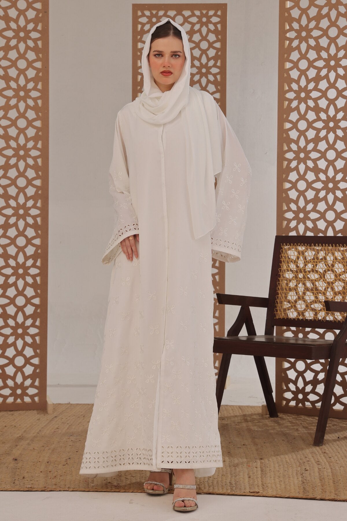 White Leaf Petal Embroidered Abaya