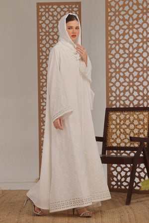 White Leaf Petal Embroidered Abaya