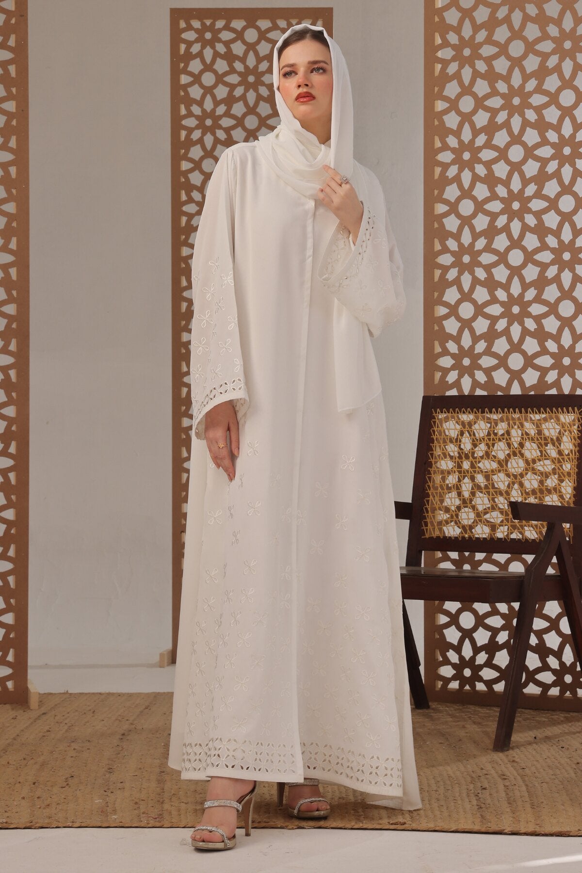 White Leaf Petal Embroidered Abaya