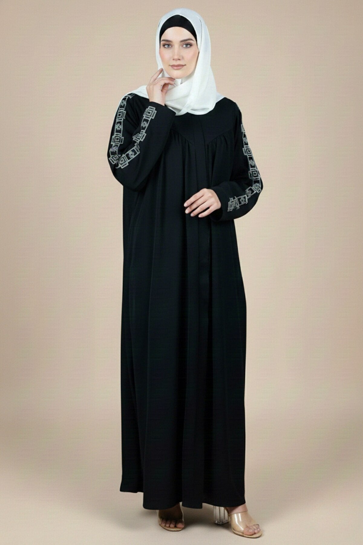 Ancient Pattern Embroidered Gathered Abaya