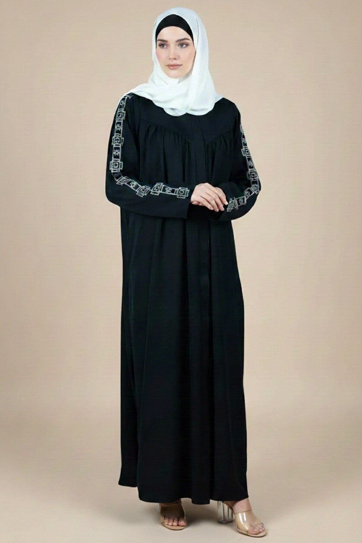 Ancient Pattern Embroidered Gathered Abaya