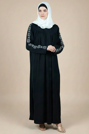 Ancient Pattern Embroidered Gathered Abaya