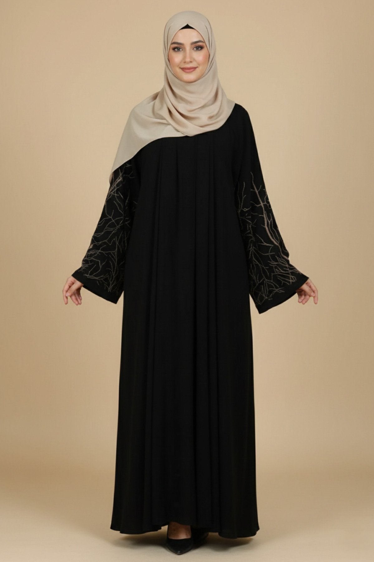 Black Autumn Tree Embroidered Abaya