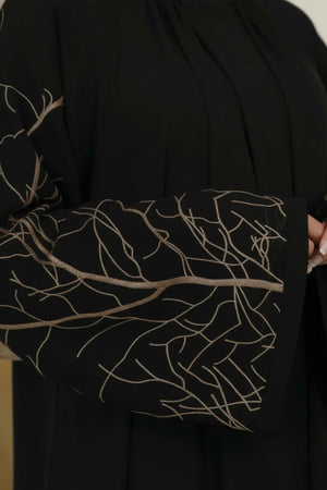 Black Autumn Tree Embroidered Abaya