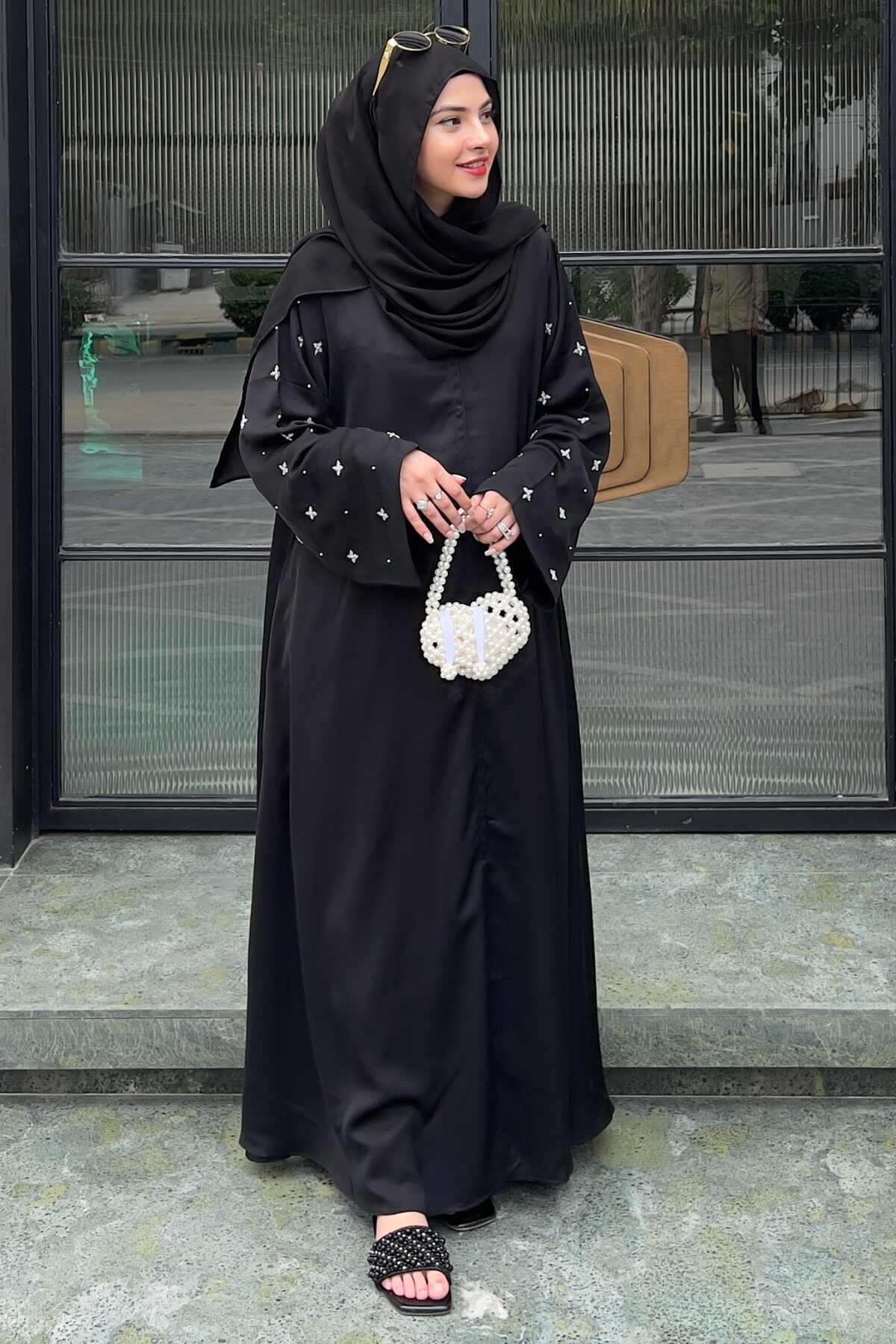 Black Half Drop Beaded Abaya