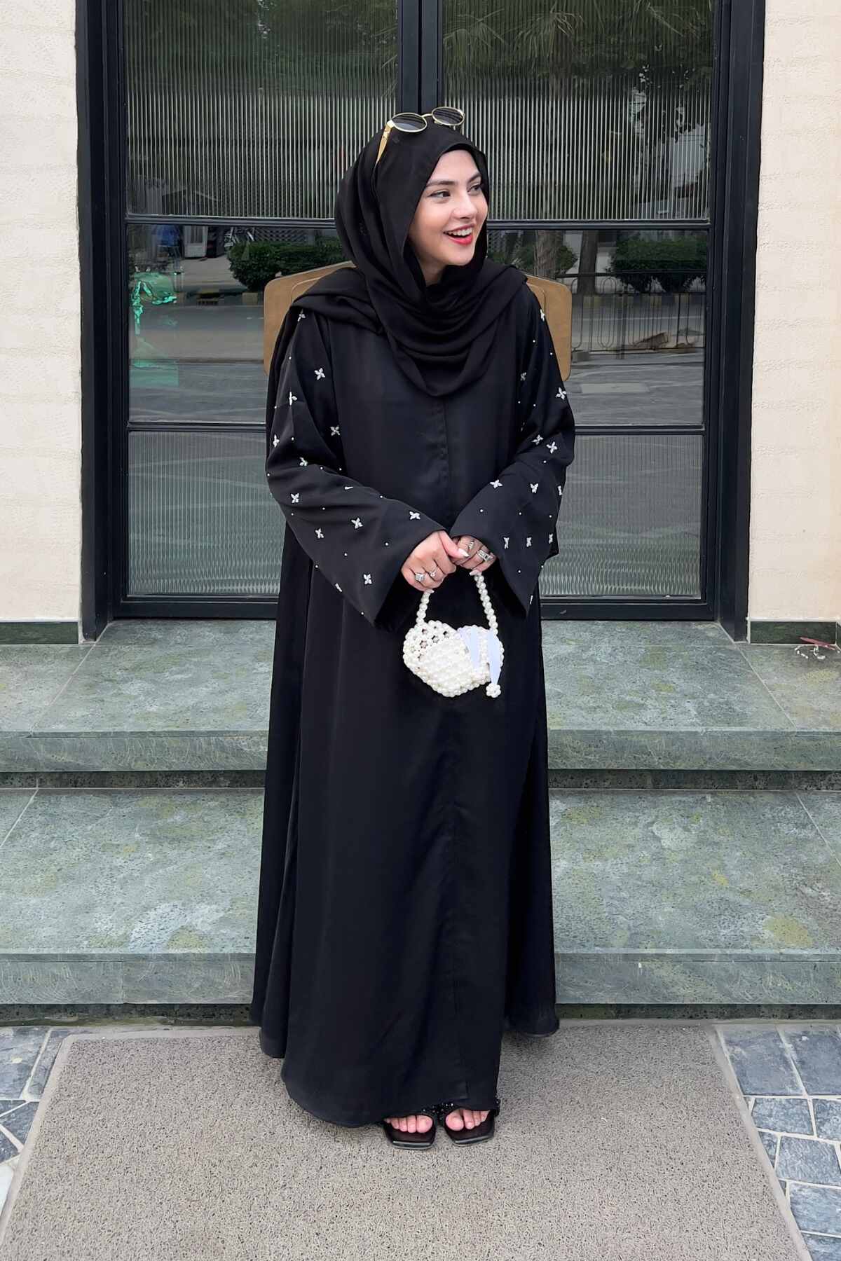 Black Half Drop Beaded Abaya