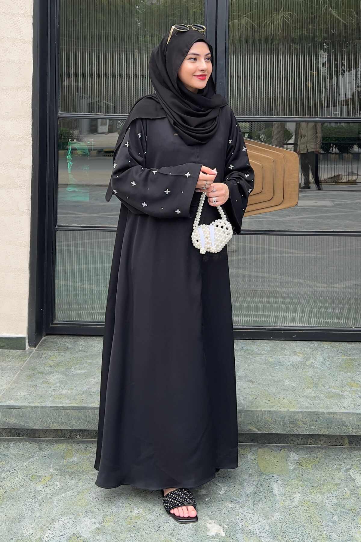 Black Half Drop Beaded Abaya