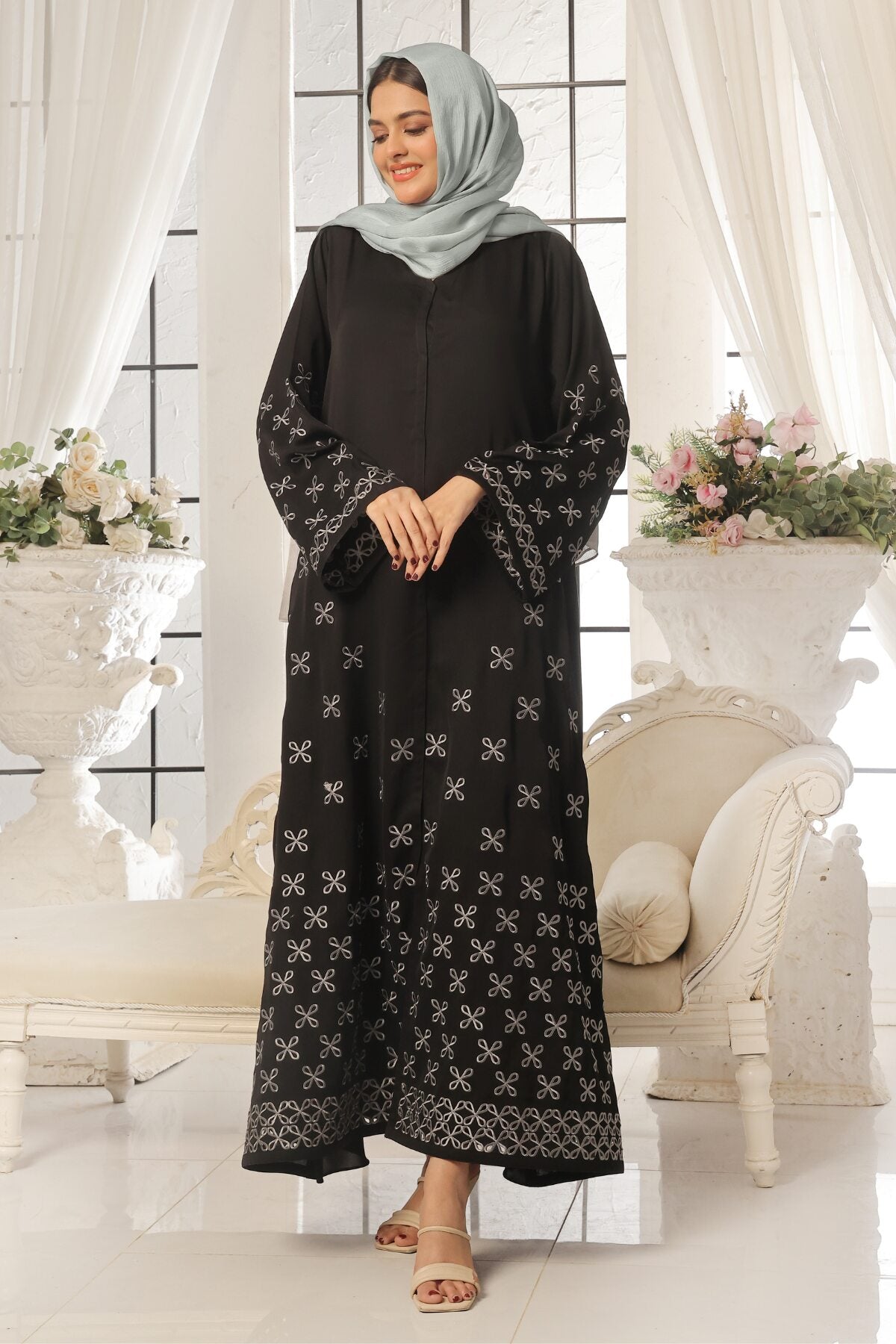 Black Leaf Petal Embroidered Abaya