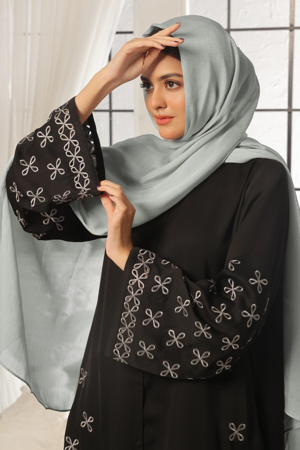 Black Leaf Petal Embroidered Abaya