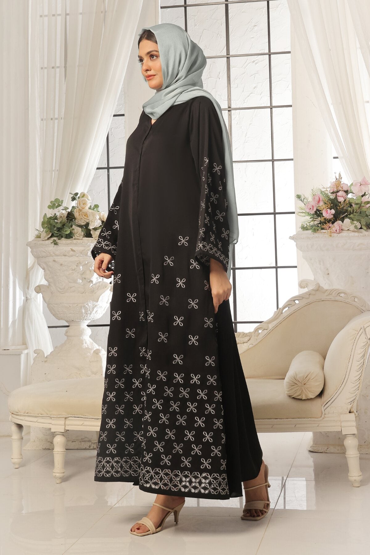 Black Leaf Petal Embroidered Abaya