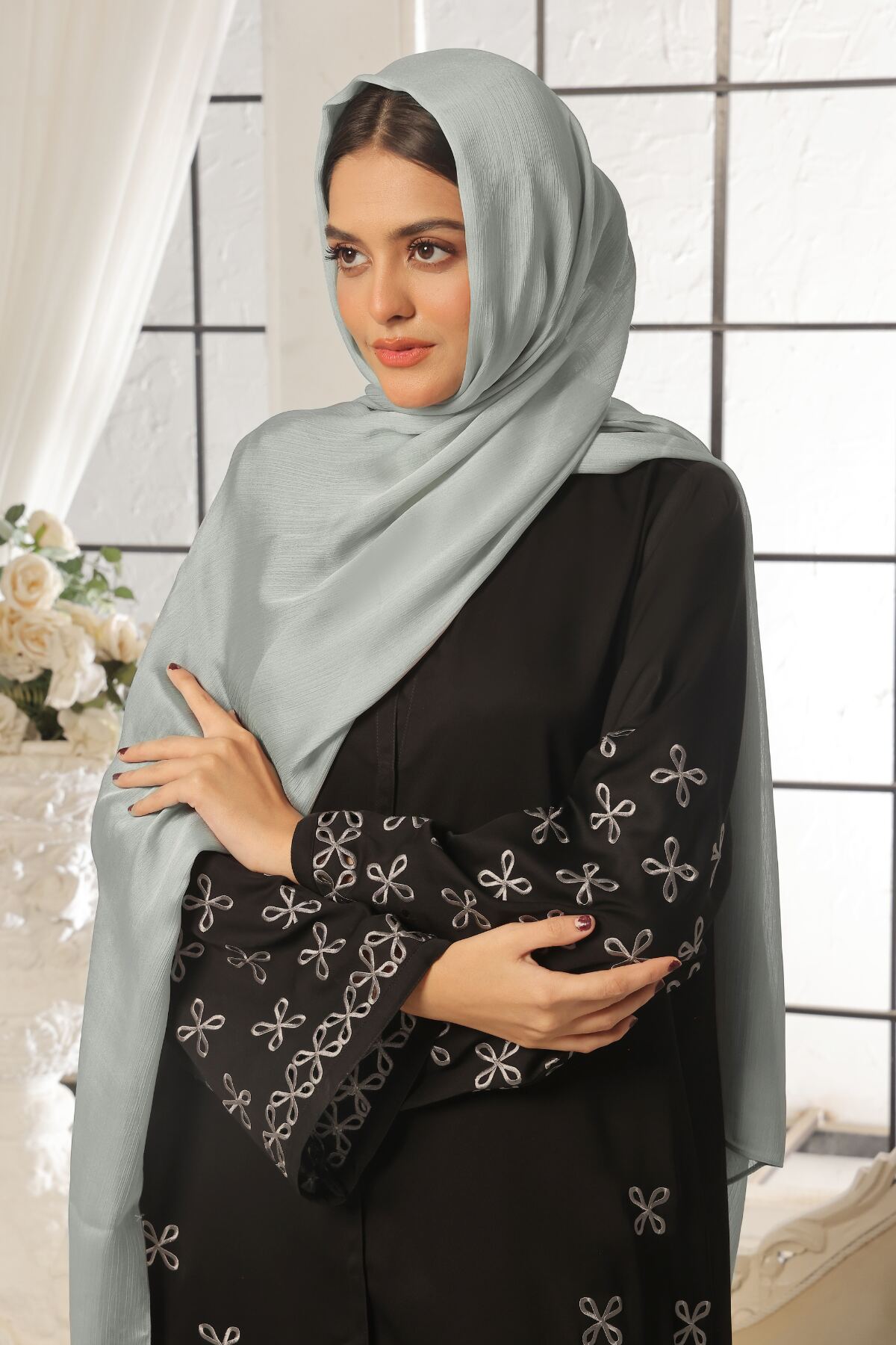 Black Leaf Petal Embroidered Abaya