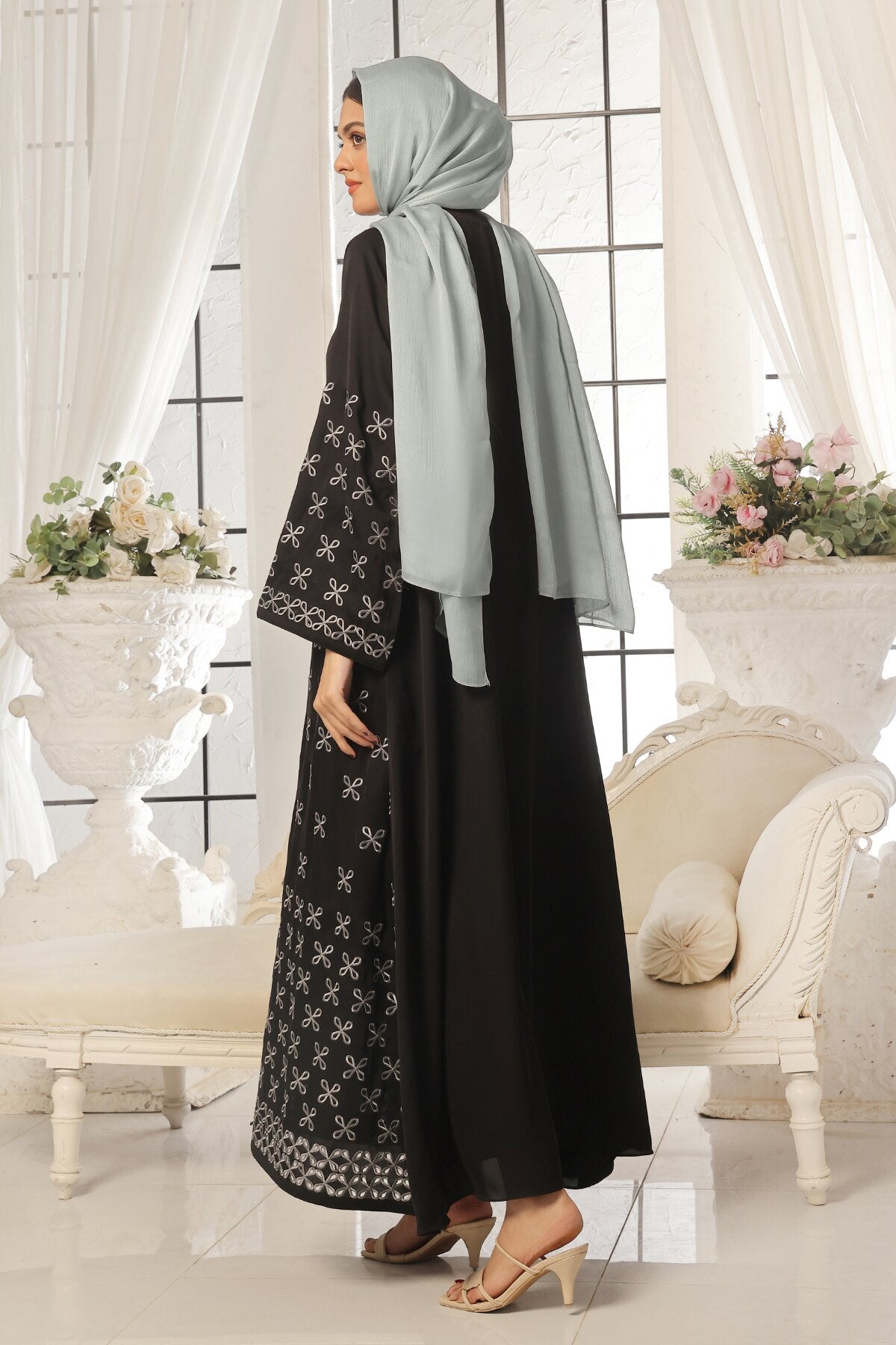 Black Leaf Petal Embroidered Abaya