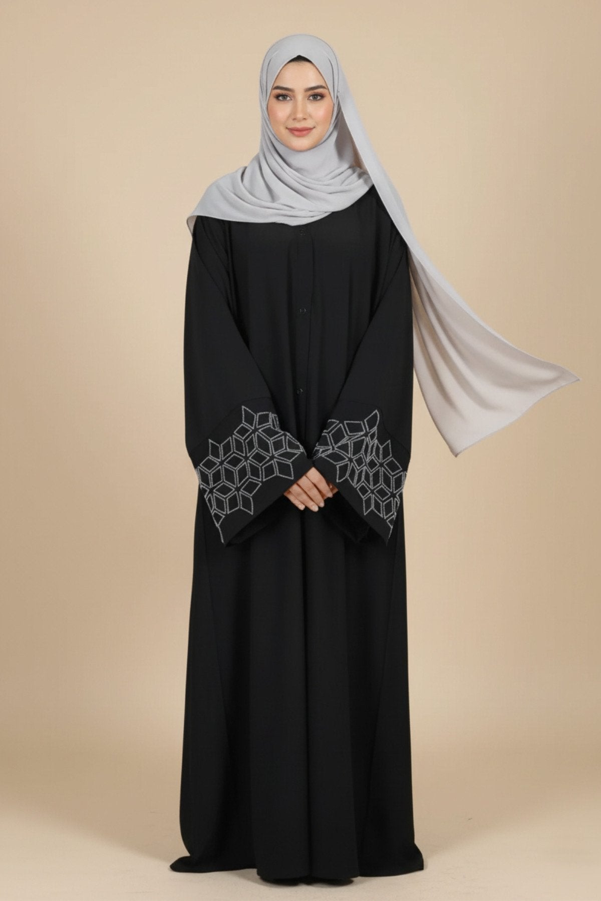 Black Multi Beaded A-Line Abaya