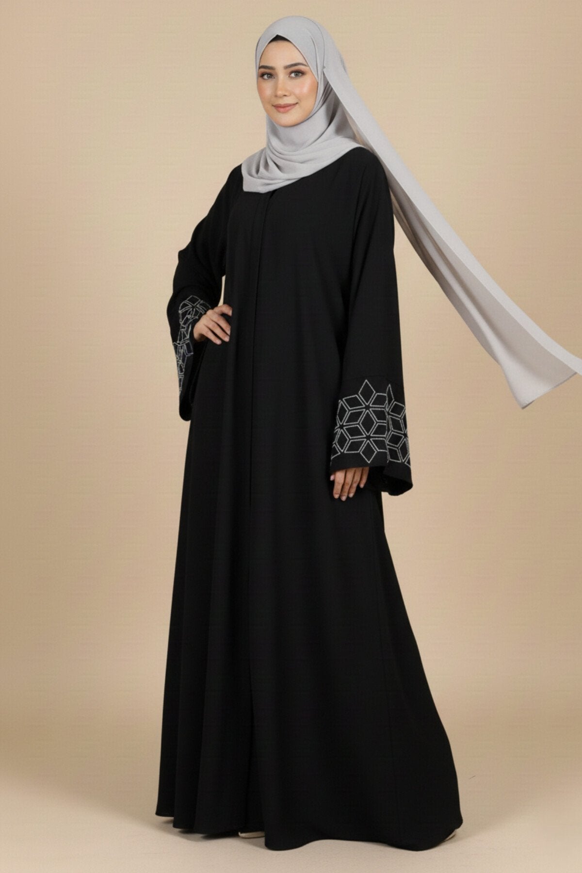 Black Multi Beaded A-Line Abaya