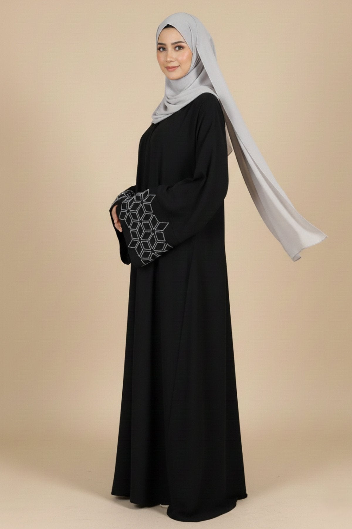 Black Multi Beaded A-Line Abaya