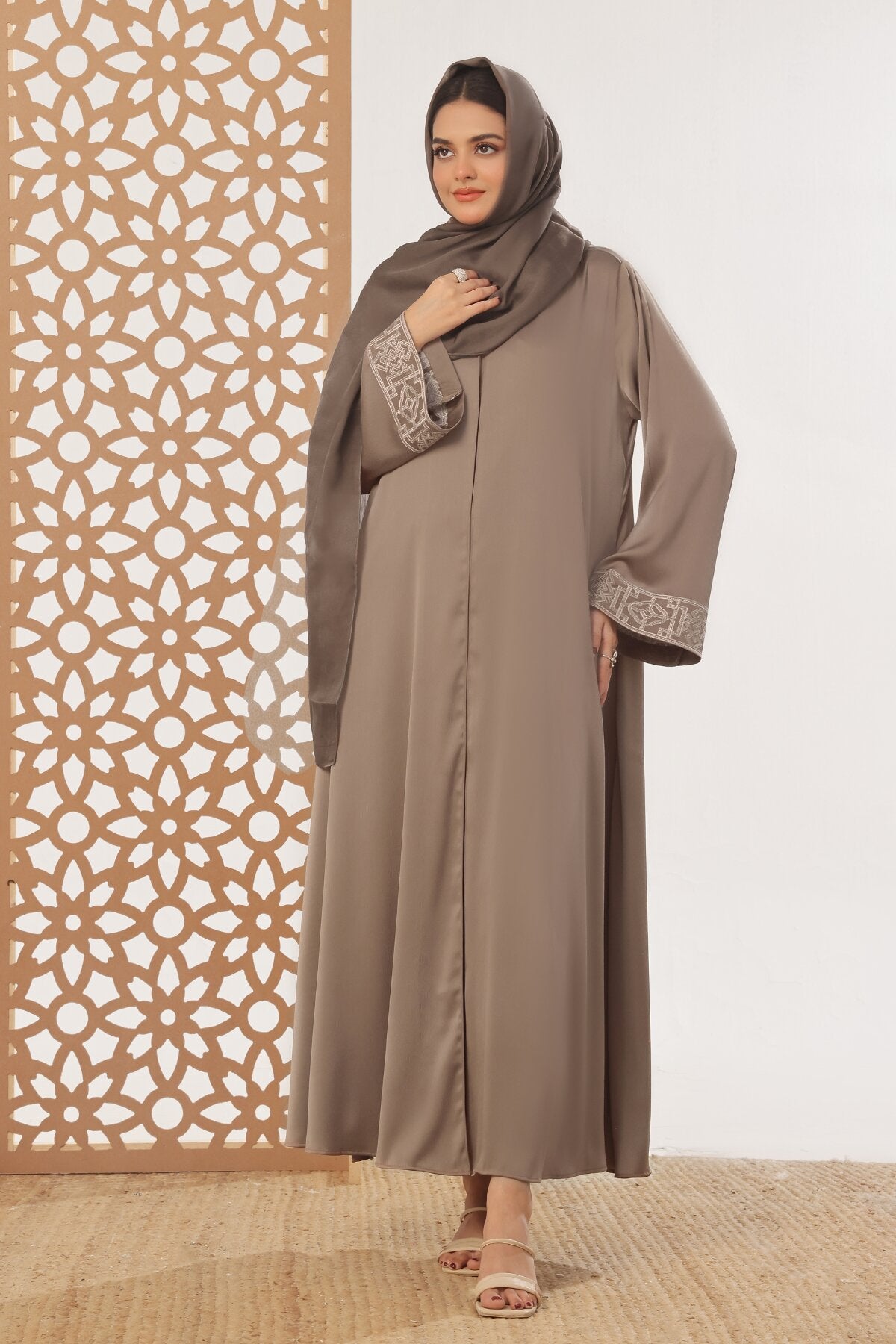 Brown Textured Embroidered Abaya