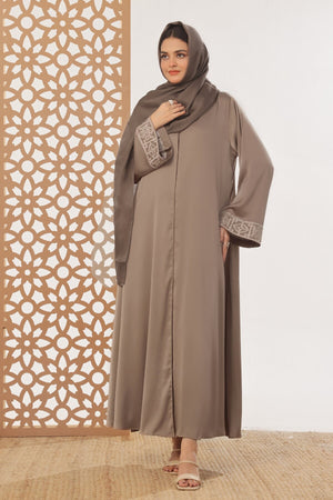 Brown Textured Embroidered Abaya
