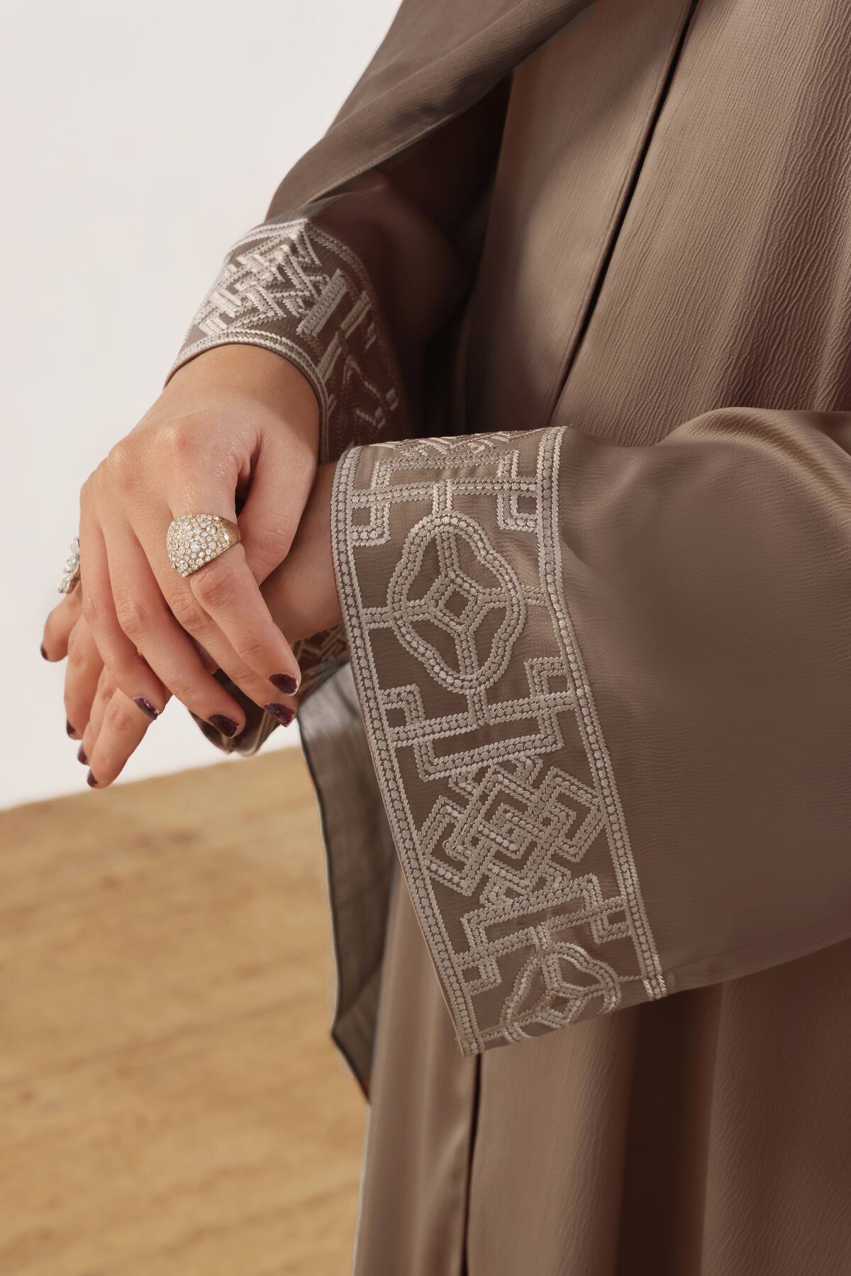 Brown Textured Embroidered Abaya