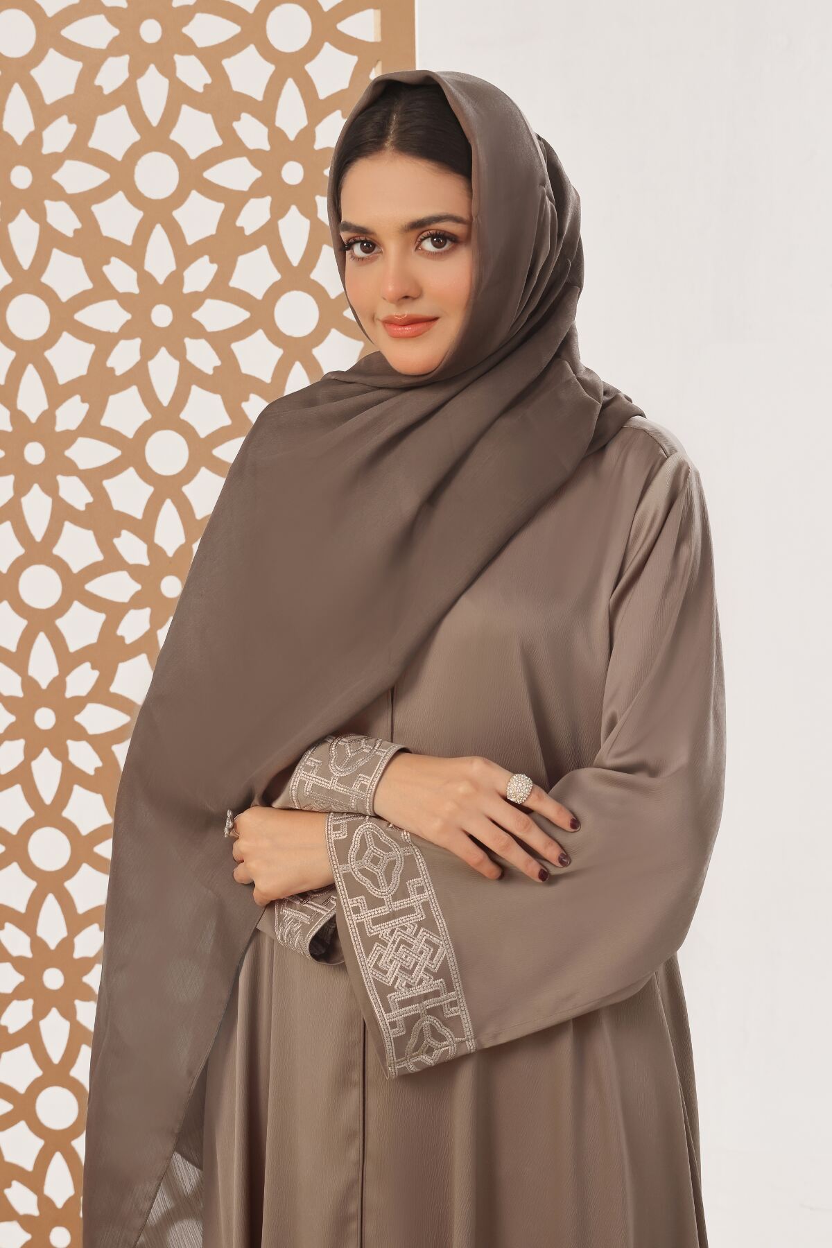 Brown Textured Embroidered Abaya