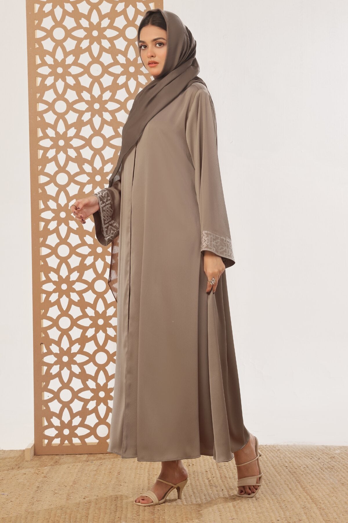 Brown Textured Embroidered Abaya