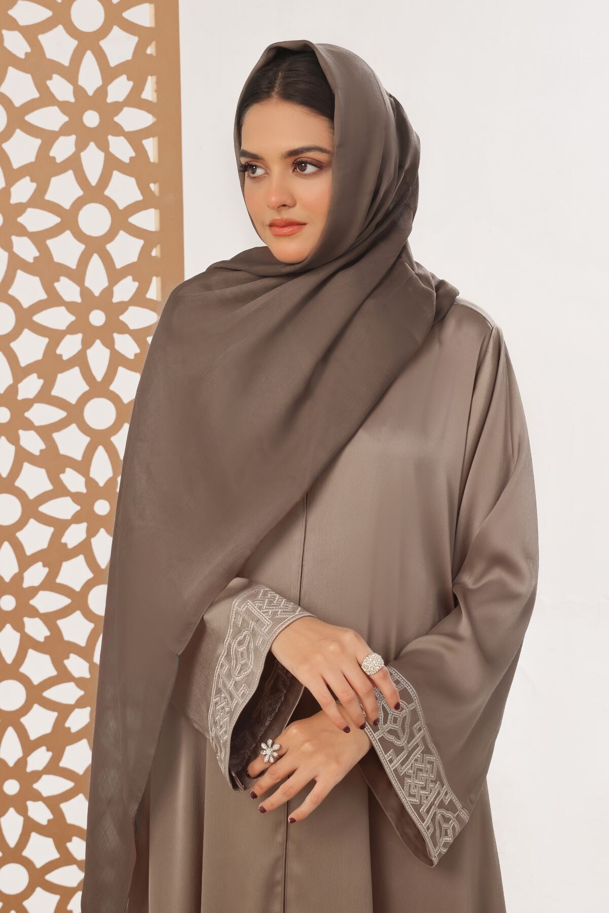 Brown Textured Embroidered Abaya