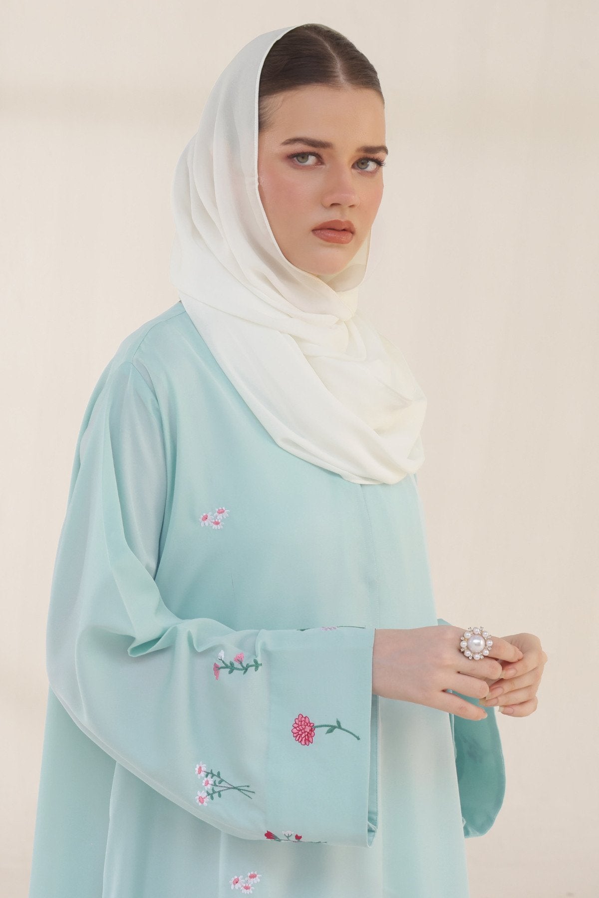 Frost Blue Embroidered Abaya