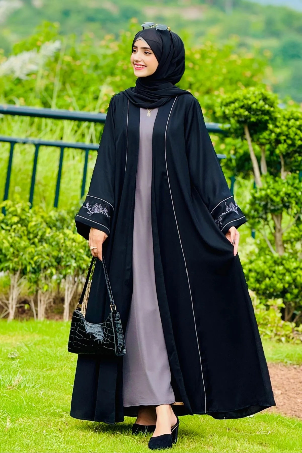 Grey Floral Embroidered Abaya