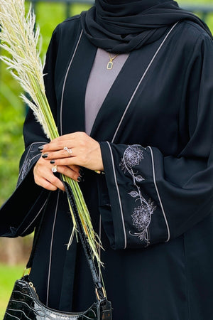 Grey Floral Embroidered Abaya