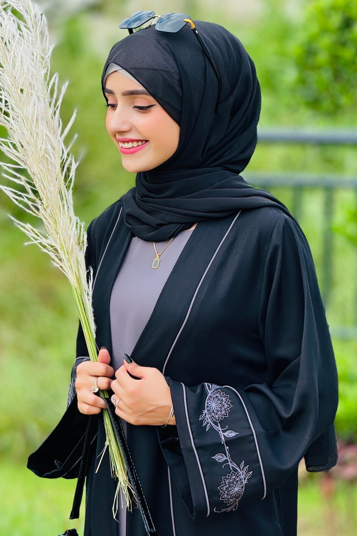 Grey Floral Embroidered Abaya