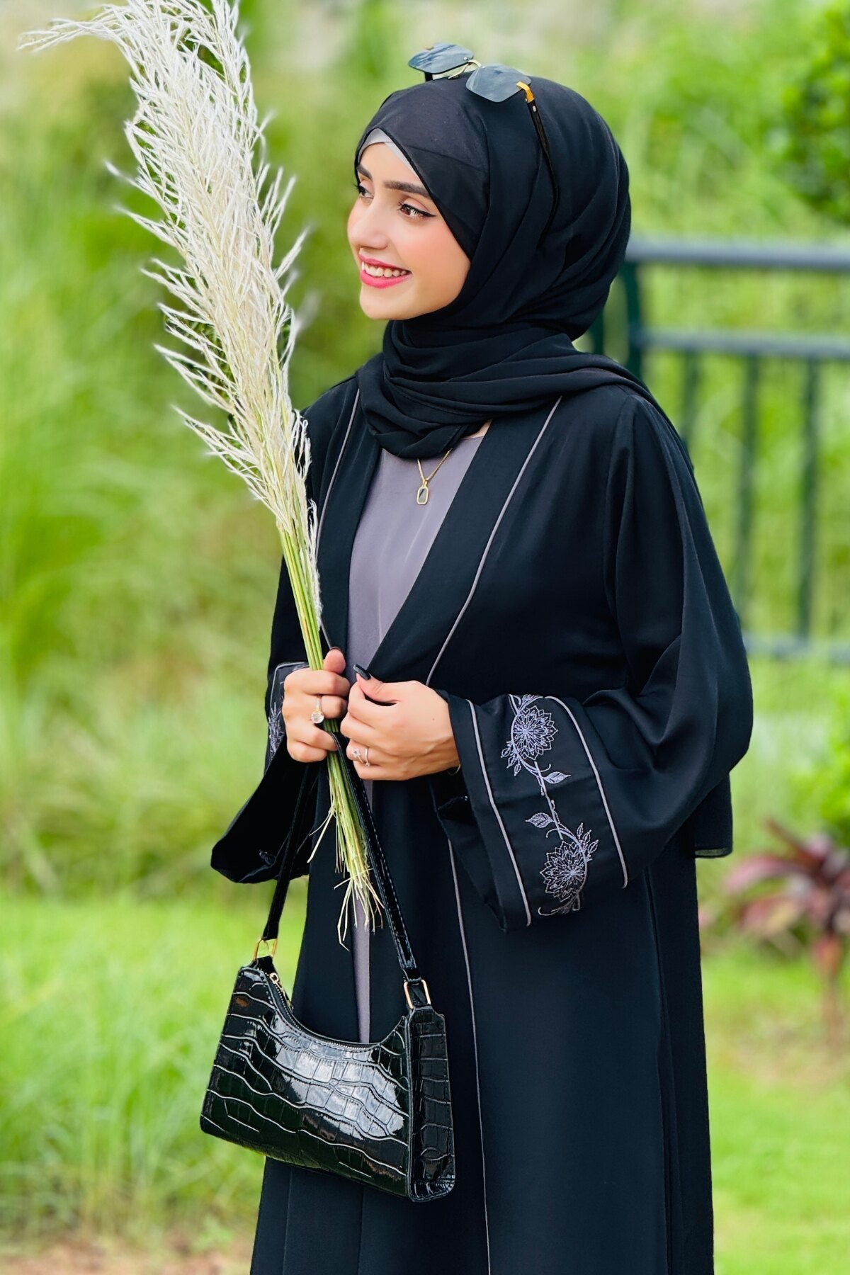 Grey Floral Embroidered Abaya