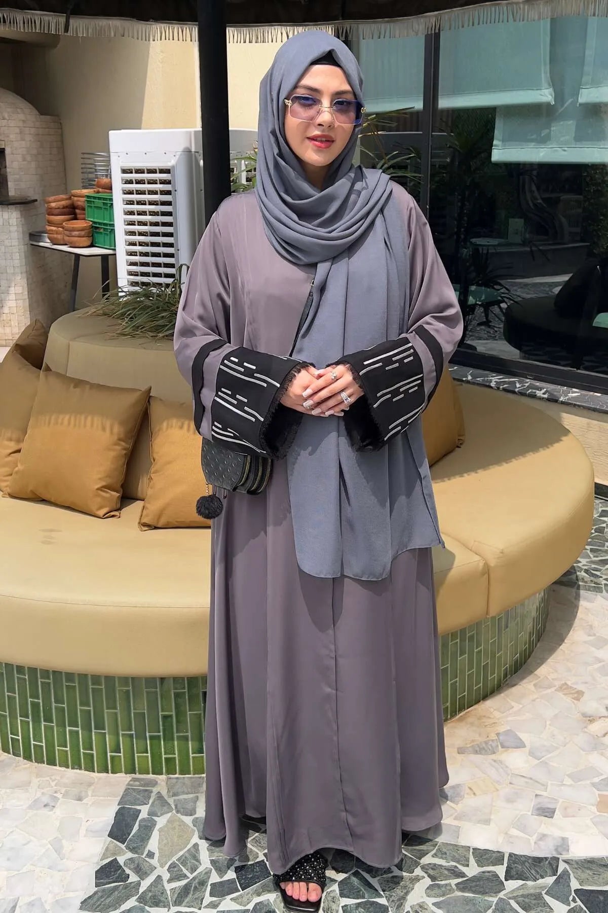 Grey Pleated Embroidered Abaya